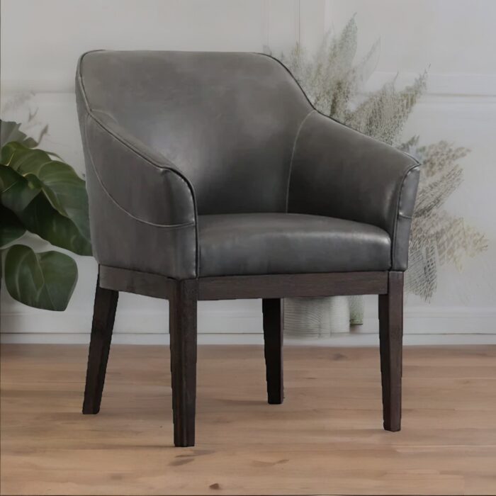 Modern Solid Wood Leather Arm Chair- Grey Finish