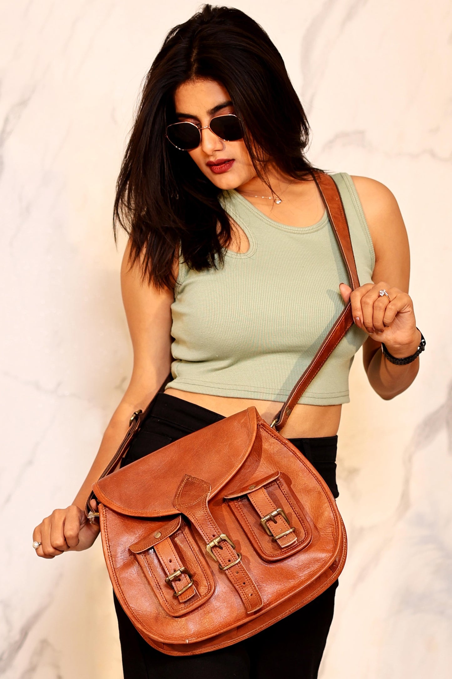 Genuine Leather Crossbody Bag – Brown Vintage Satchel for Women