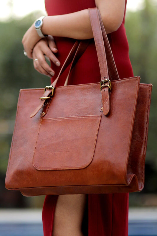 Elegant Brown Leather Laptop Tote Bag for Women – Stylish, Durable, and Functional Godzi Leather