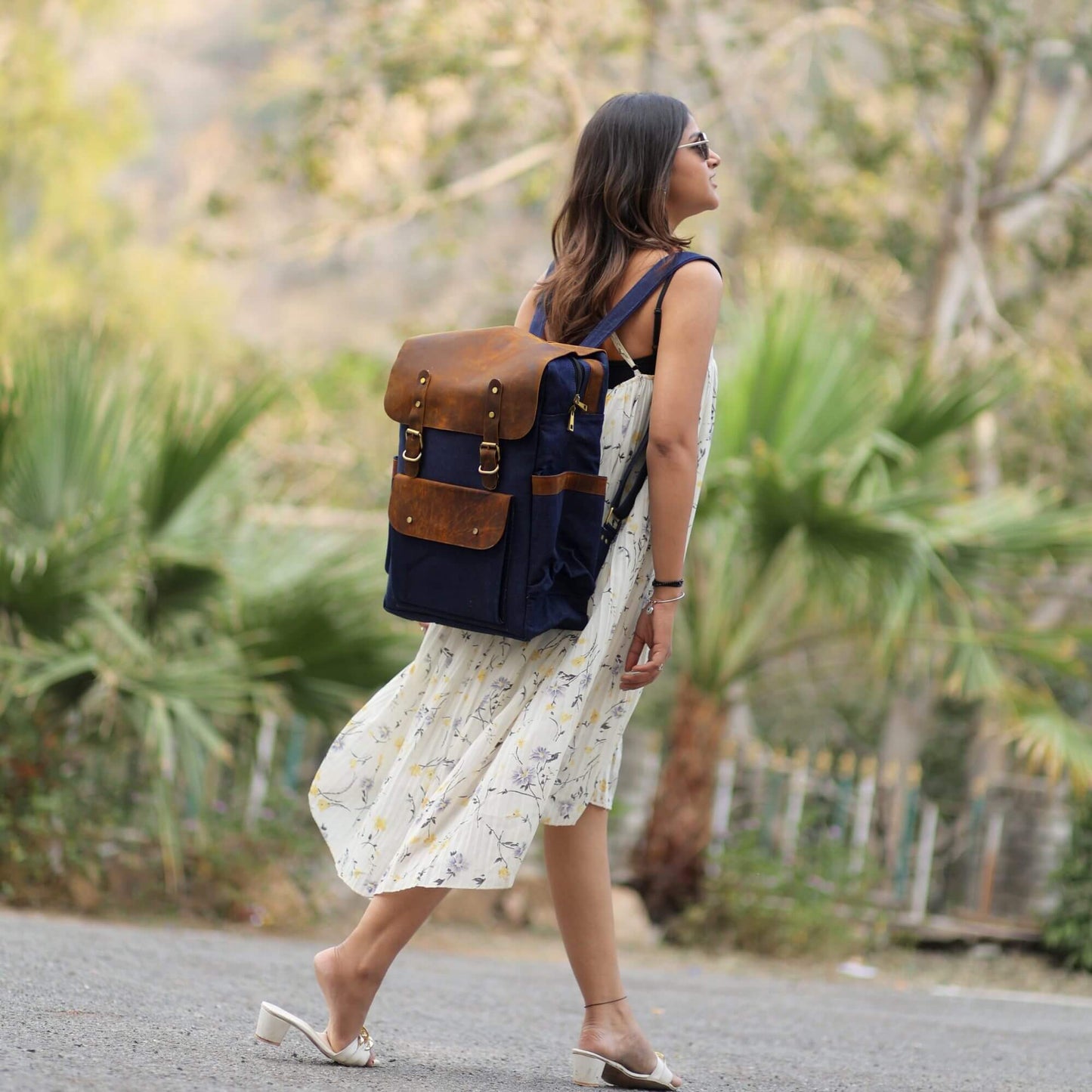 Vintage Blue Canvas and Leather Backpack – Unisex Laptop Rucksack with Multiple Compartments