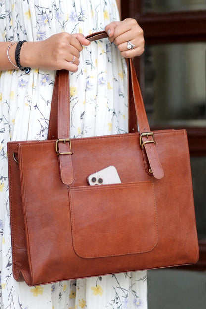 Elegant Brown Leather Laptop Tote Bag for Women – Stylish, Durable, and Functional
