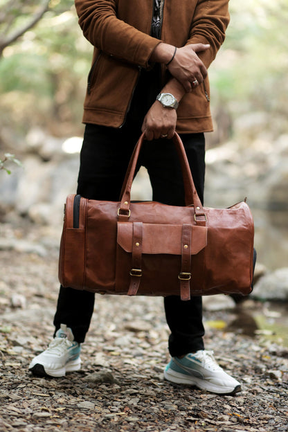 Luxury Brown Leather shoe Duffle Bag for Travel and Gym – Spacious, Durable, and Stylish Weekender Bag
