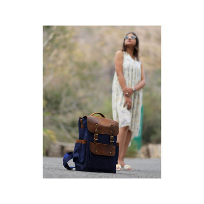 Vintage Blue Canvas and Leather Backpack – Unisex Laptop Rucksack with Multiple Compartments