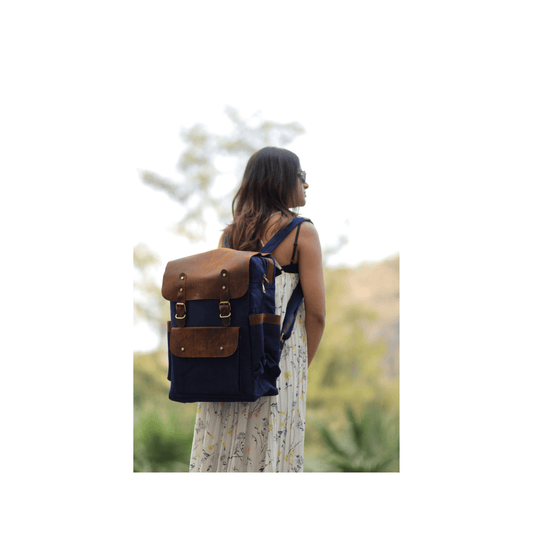 Vintage Blue Canvas and Leather Backpack – Unisex Laptop Rucksack with Multiple Compartments